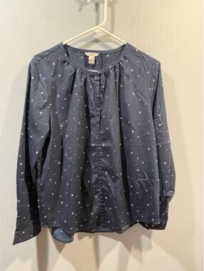 Womens Bass Pullover Long Sleeves Shirt Size Large Blue With Stars Print